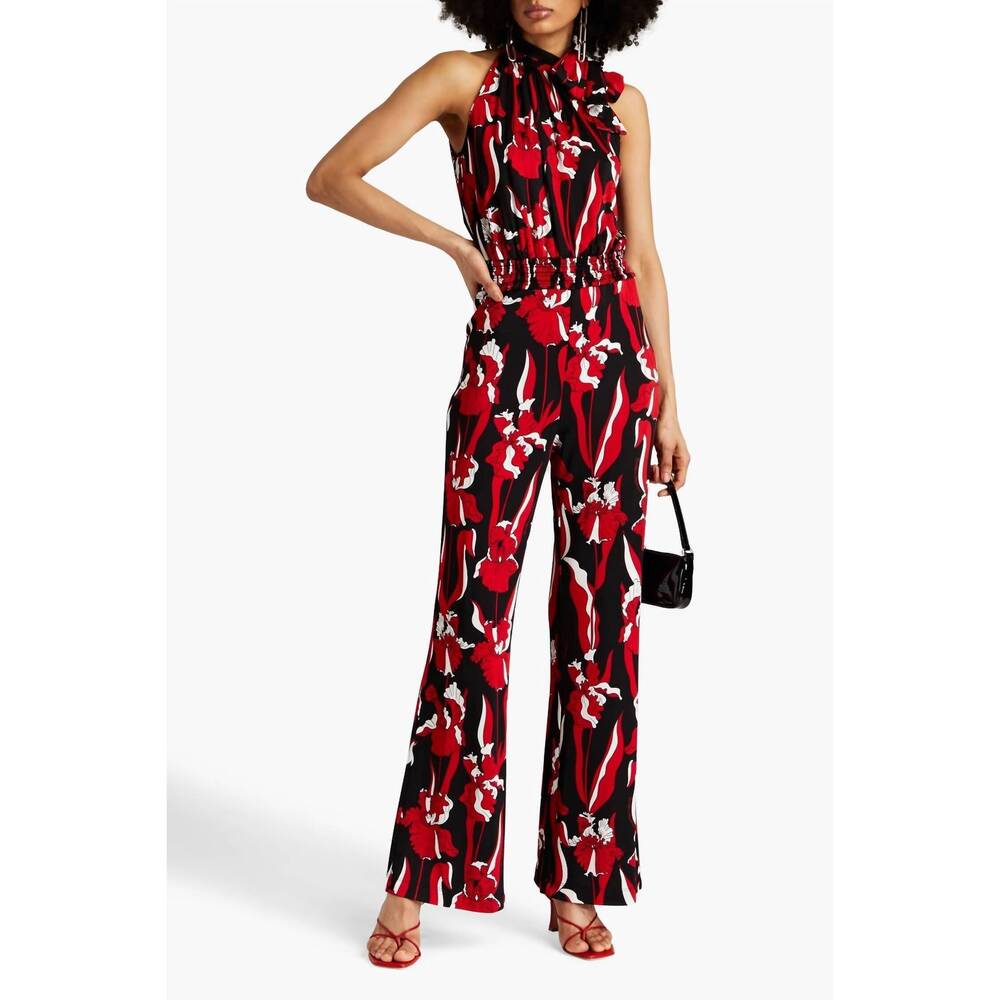NEW BOUTIQUE MOSCHINO pussy-bow floral-print jersey jumpsuit in multi